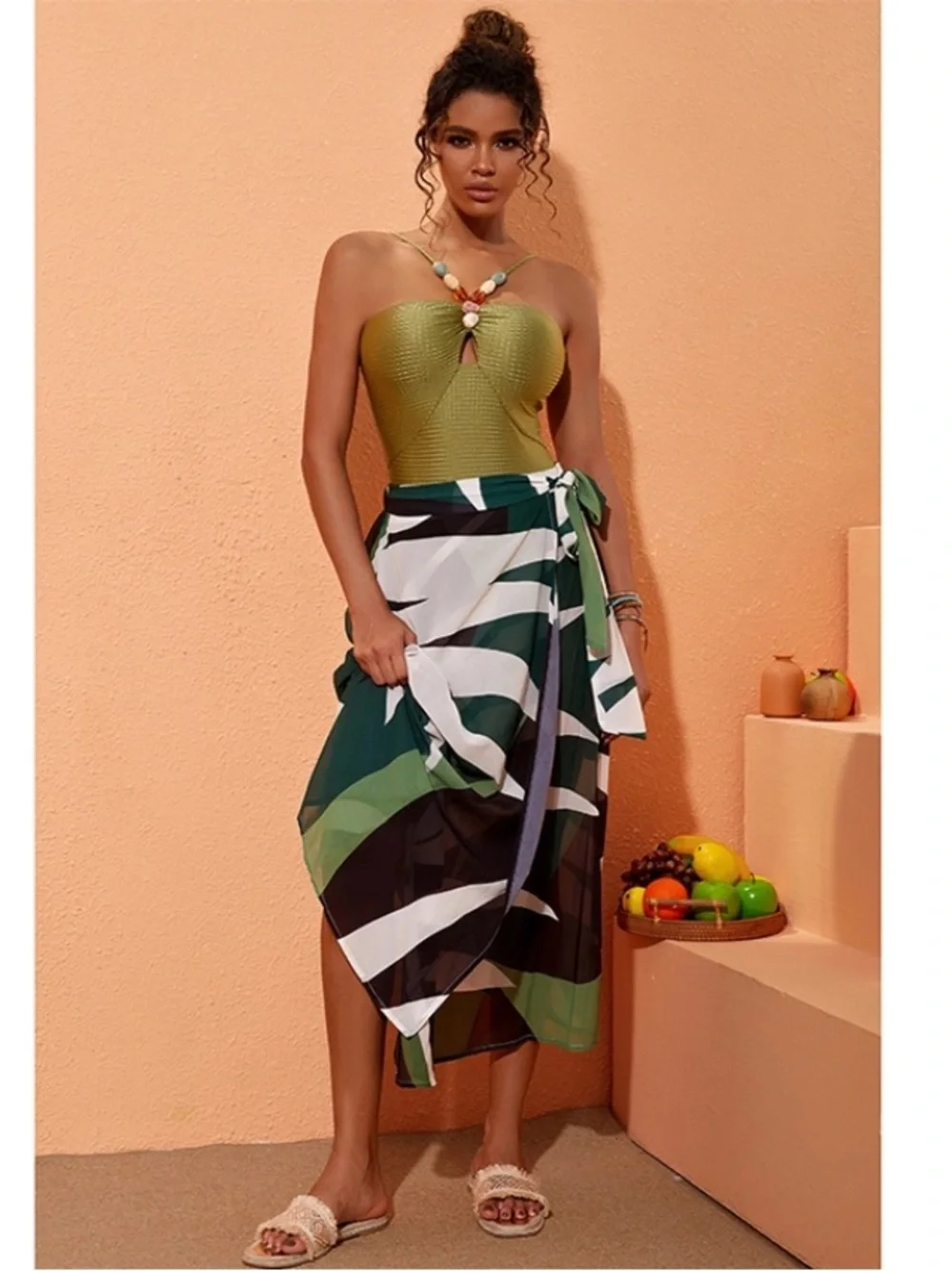 Olive Green Textured One-Piece Swimsuit with Bead Accent